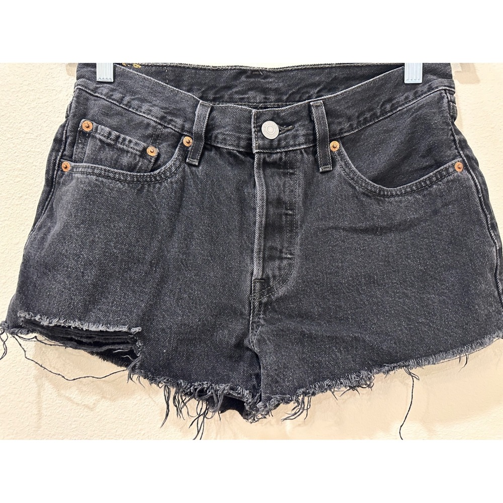 Levis 501 Original Cutoff Denim Shorts Black High Waisted Button Fly Size 27 - Picture 2 of 7